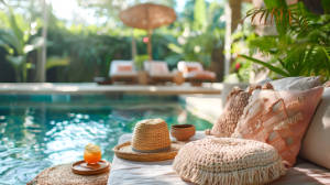Stylish Bohemian Table by Colorful Pool with Eclectic Decor for Boho Chic Product Displays Poolhouse cuisine d'extérieur